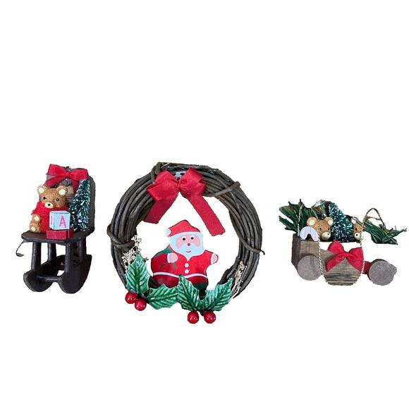 Lot of 3 Vintage Wooden Christmas Hanging Ornaments Holiday Decor Garlan Wreath - Picture 1 of 7